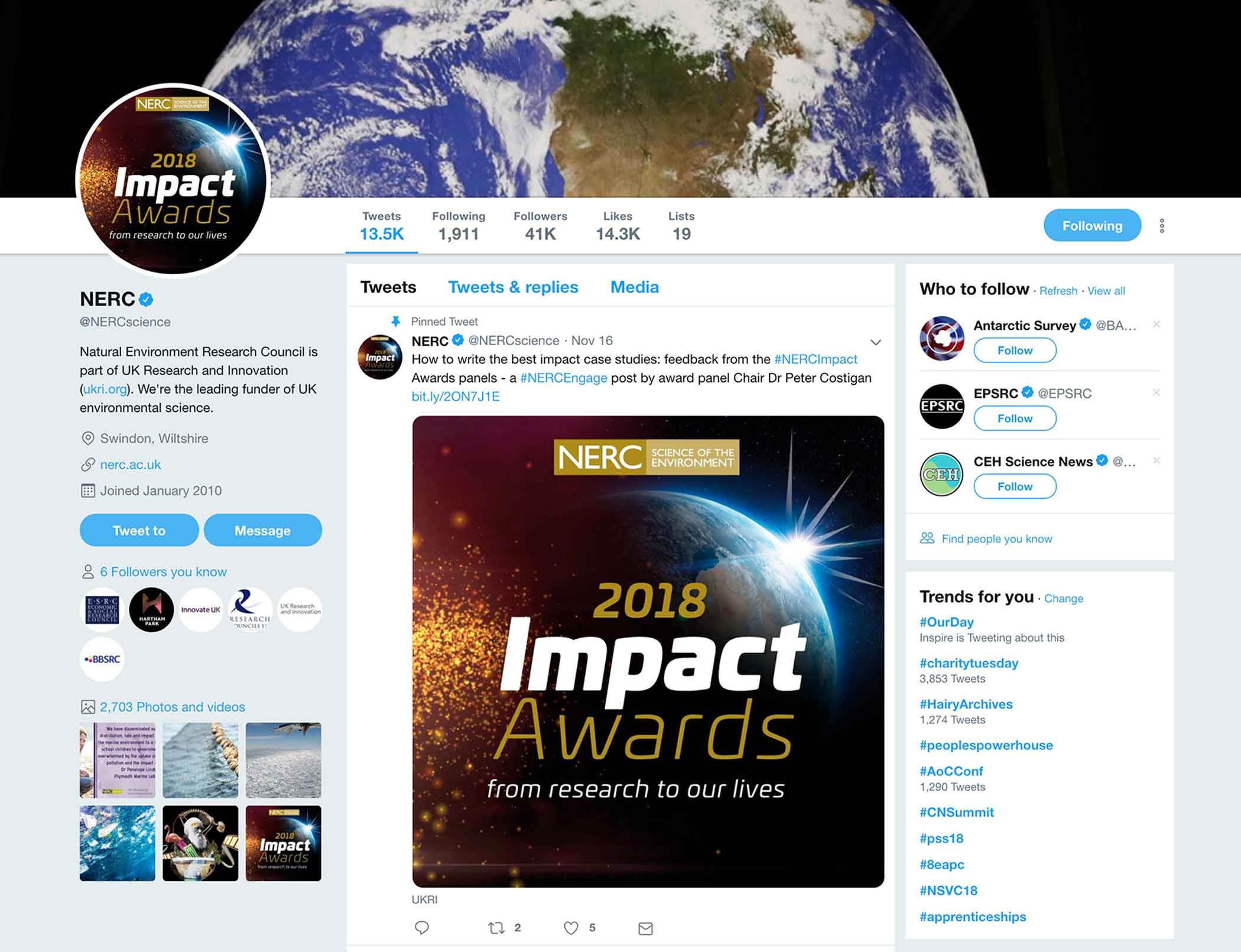 NERC - Twitter Page using the Impact Awards Branding