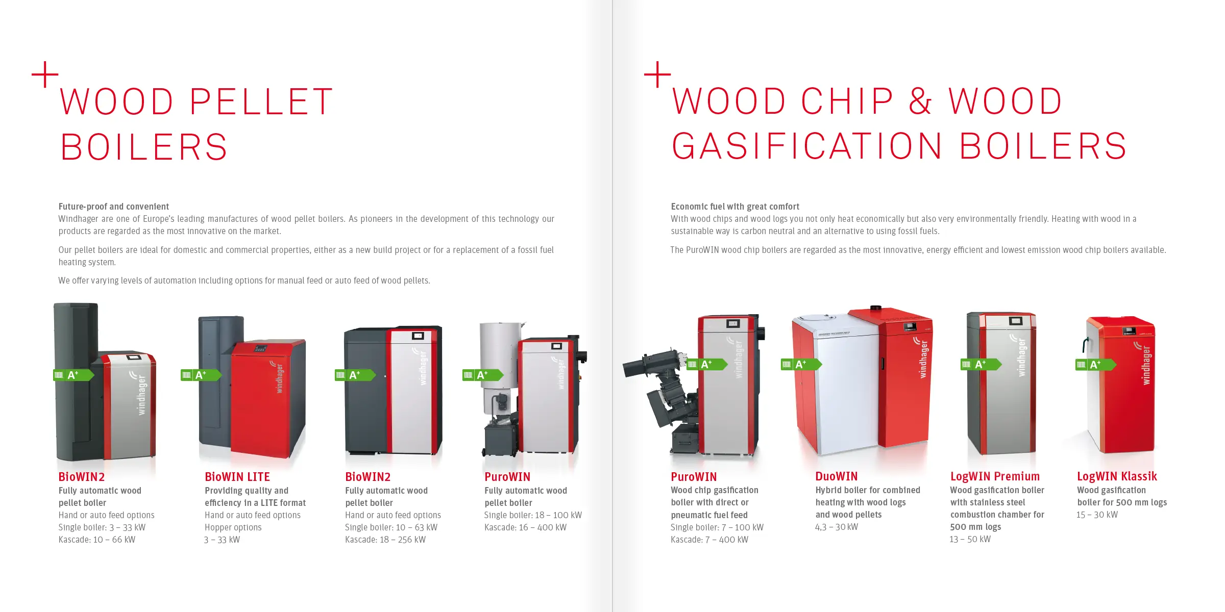 Windhager biomass boiler product catalogue spread